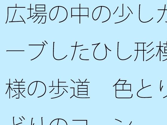 広場の中の少しカーブしたひし形模様の歩道  色とりどりのコーン